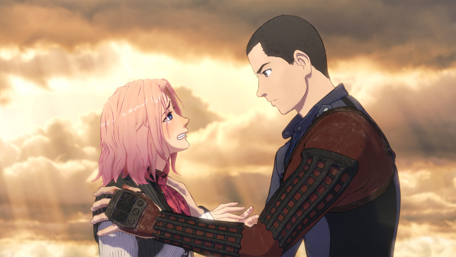 Scarlet. To personer i anime-stil står mot hverandre foran en skyet himmel. Den ene har rosa hår, den andre har kort mørkt hår og rustning.