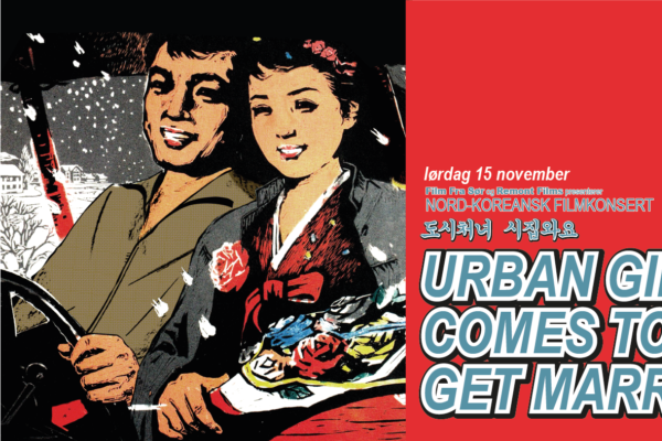 Bildet viser en animert bilde av en mann og en dame som sitter i en vil. Mannen har hendene på rattet og kvinnen en blomsterbukett i fanget. På siden står det tekst om arrangementet som sier lørdag 15. november, nord-koreansk filmkonsert og Urban Girl Com