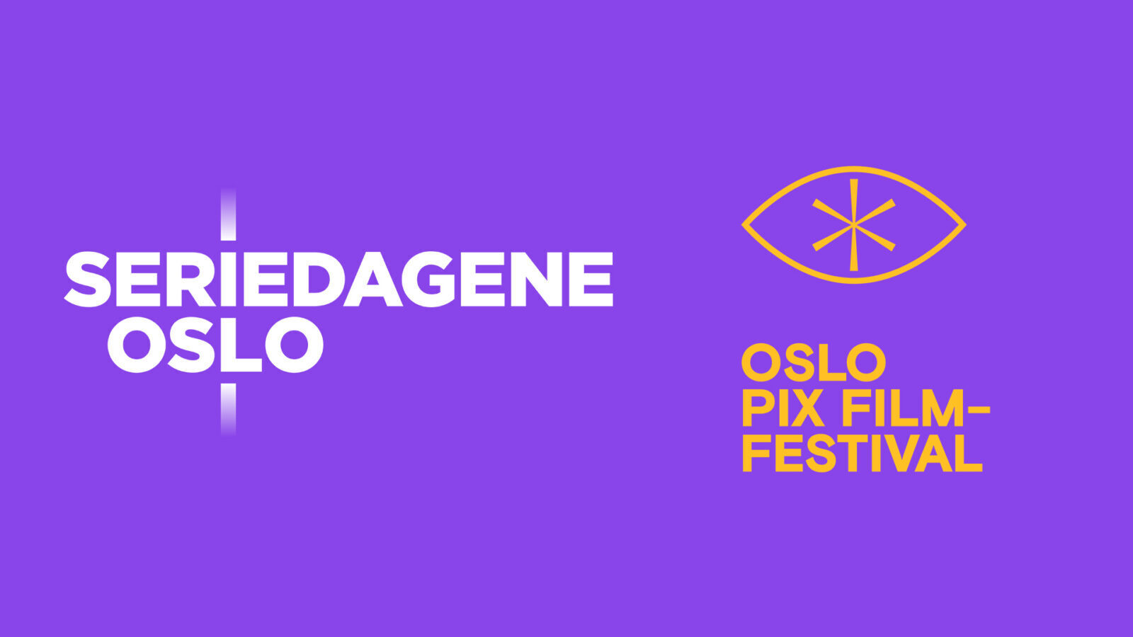 Seriedagene Oslo Lilla bakgrunn med hvit tekst til venstre og gult øyelogo med gul tekst Oslo Pix Filmfestival til høyre